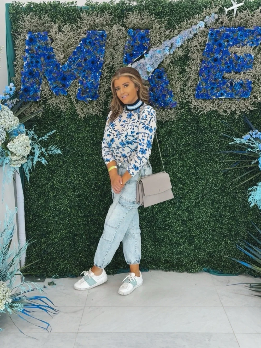 Tory Burch Blue Floral Mock Neck Long Sleeve Top